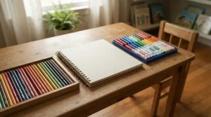 Creative art supplies selected as gender neutral Christmas gifts for 5 year olds spread out on a craft table.