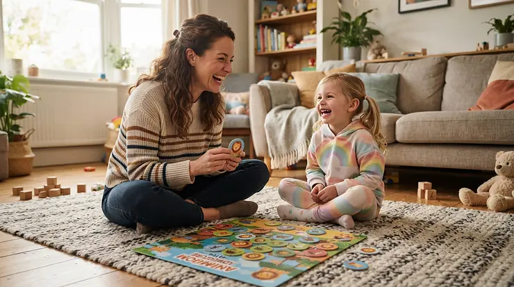 Family members playing together with gender neutral Christmas gifts for 5 year olds in the living room.
