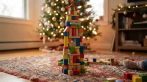 Wooden construction blocks given as gender neutral Christmas gifts for 5 year olds piled high on a rug.