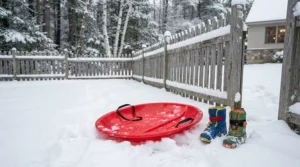 Active outdoor gear featured among gender neutral Christmas gifts for 5 year olds in a snowy backyard.