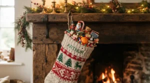 Colorful gender neutral Christmas gifts for 5 year olds spilling out of a holiday stocking hung on a rustic mantle.