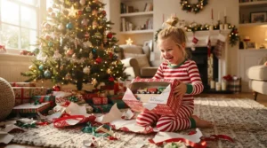 A smiling kindergartner opening gender neutral Christmas gifts for 5 year olds by a decorated living room tree.