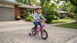 A toddler riding a red balance bike on a sidewalk, featuring active gender neutral gifts for 3 year olds.