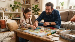 A family laughing together while playing a cooperative game, featuring engaging gender neutral gifts for 3 year olds.