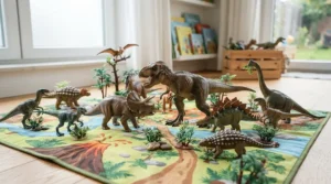 Colorful toy dinosaurs lined up on a rug, showcasing popular gender neutral gifts for 3 year olds.