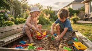 Kids playing outdoors with plastic buckets, ideal for finding gender neutral gifts for 3 year olds who love nature.