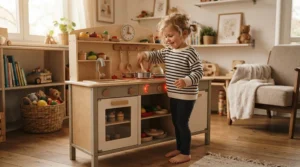 A child pretending to cook with wooden play food, highlighting fun gender neutral gifts for 3 year olds.