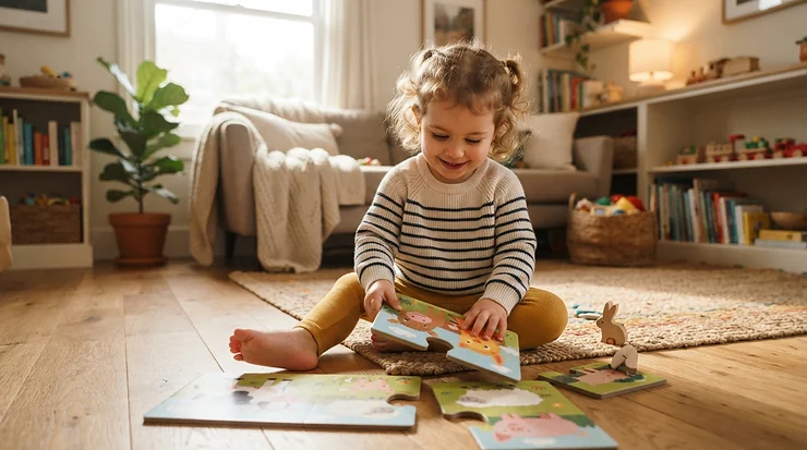 An inquisitive child solving a floor puzzle, a great pick for educational gender neutral gifts for 3 year olds.