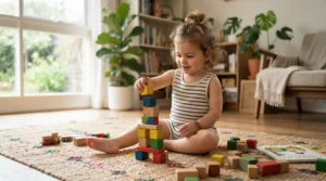 A toddler smiling while stacking wooden blocks, showcasing creative gender neutral gifts for 3 year olds in a sunlit playroom.