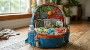 Packing carry-on friendly gender neutral toys for long car rides and flights into a child backpack