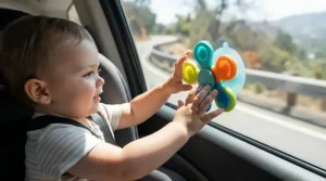 Child playing with suction cup spinners as gender neutral toys for long car rides and flights