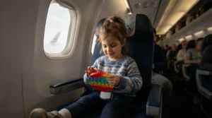 A toddler playing with gender neutral toys for long car rides and flights inside an airplane cabin