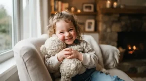 A young girl smiling while hugging her favorite soft unicorn plush toy in the living room.