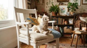A cute unicorn plush toy used as accent decor on a white accent chair in a girl bedroom.