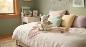 A fluffy unicorn plush toy resting on a neatly made twin bed in a colorful kids bedroom.